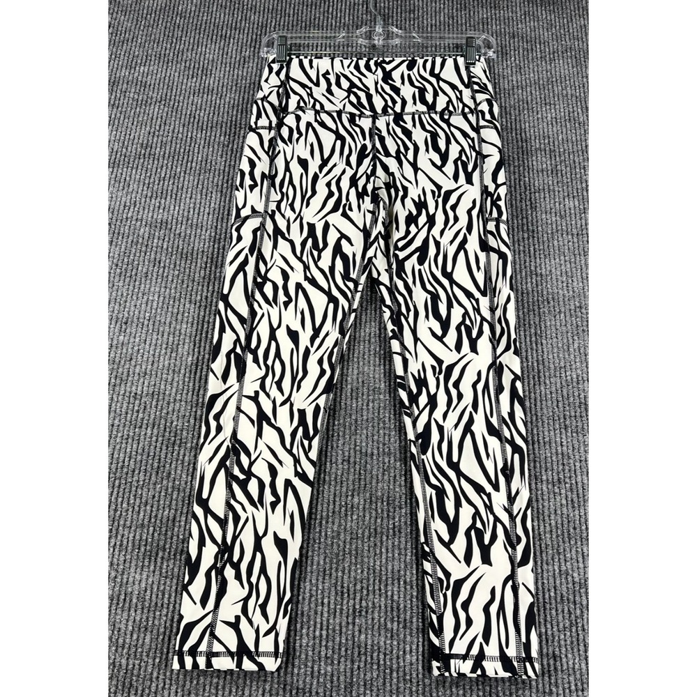 ZYIA Active Leggings Womens Size 8-10 Black White Striped Workout Gym Run Lift